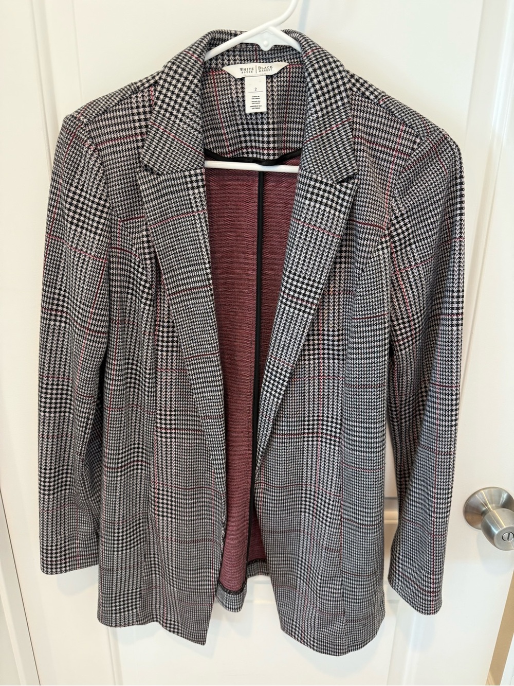 White House Black Market Black & White Houndstooth Blazer with Red Windowpane